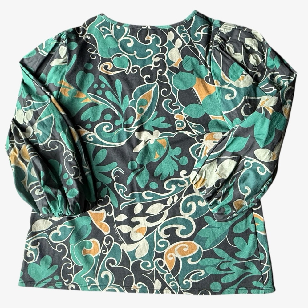 CHICO'S FLORAL JERSEY KNIT TOP GREEN BOHO WESTERN 3/4 BALLOON SLEEVE LARGE - Picture 2 of 5